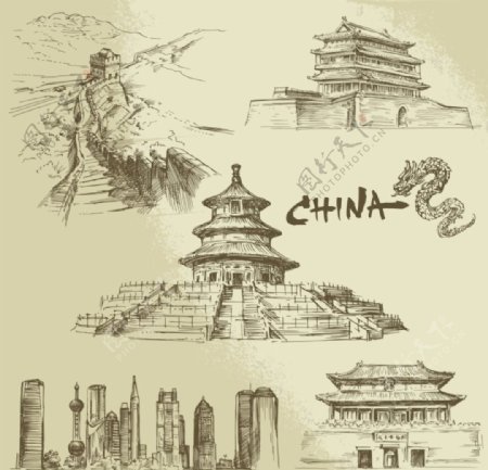 手绘中国著名建筑图片