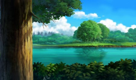 动画背景湖岛图片