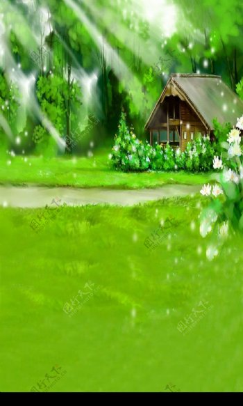 森林里的绿色小木屋图片