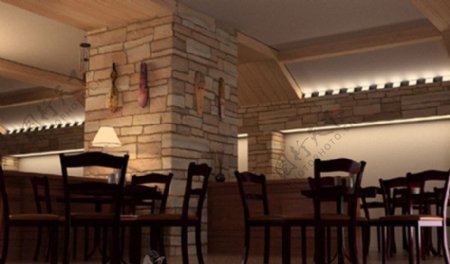 温馨国外风格餐厅3D模型图片