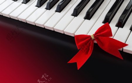 黑白琴键与红色蝴蝶结图片