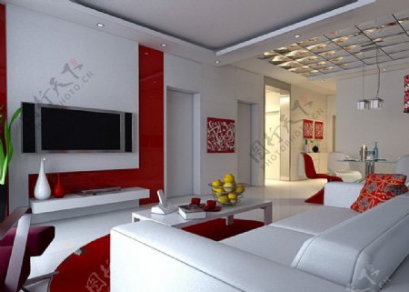 红白个性客厅模型图片