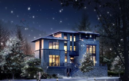 别墅雪景景观设计图片