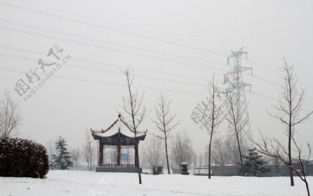 雪后凉亭线塔图片