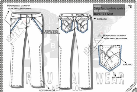 牛仔裤设计手稿双插袋撞色冚线图片