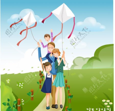 绿叶放风筝的一家人图片