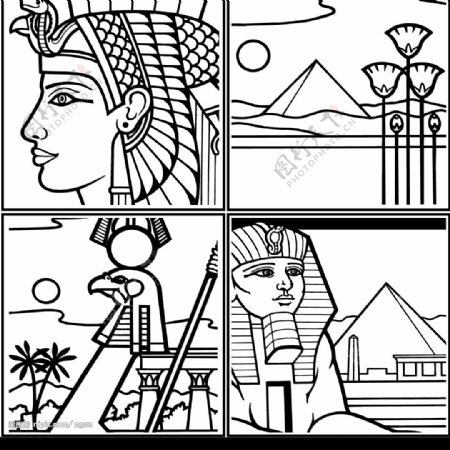 埃及线描4格图矢量素材如用于商业用途请购买原版图片