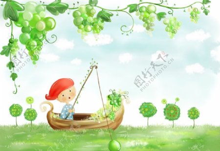 手绘坐在小船里男孩风景插画图片