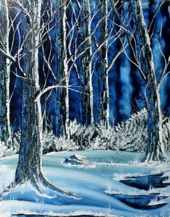油画冬天的树林图片