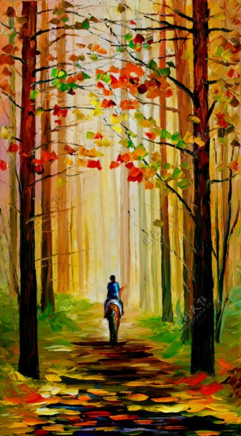 油画骑马的秋天图片