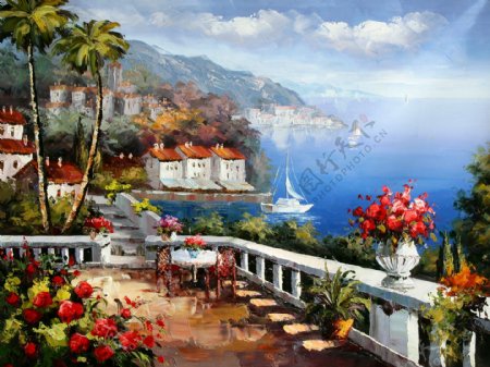 地中海油画风景图片