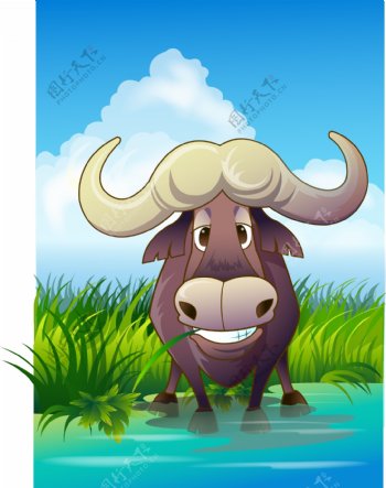 可爱动物绿色棕色水牛图片