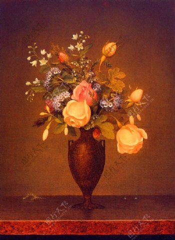油画布朗花瓶里的野花图片