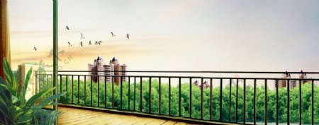 阳台建筑植物湖鸟图片