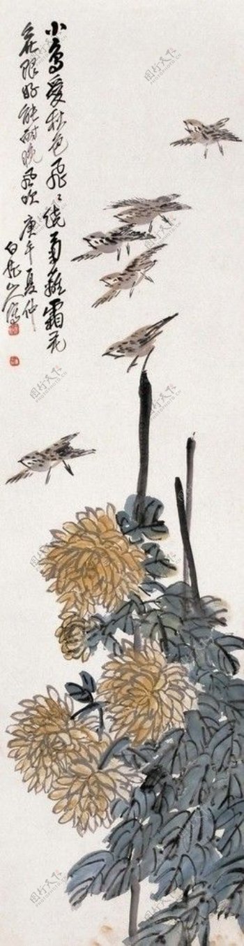 1930年作麻雀秋菊立轴图片