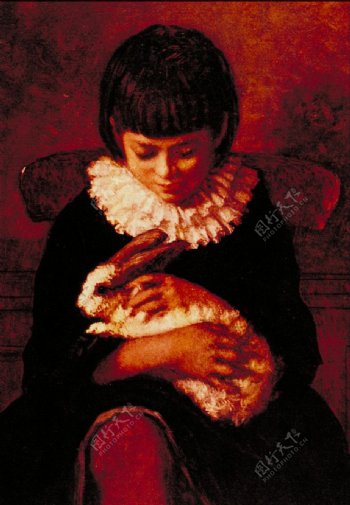 油画抱着兔子的女孩图片