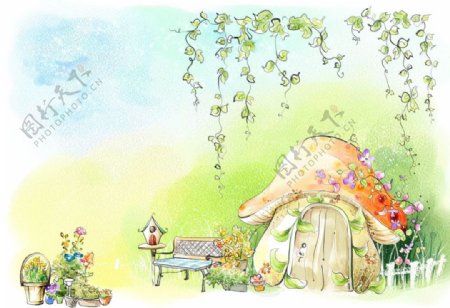 蘑菇小屋童话风景PS图片