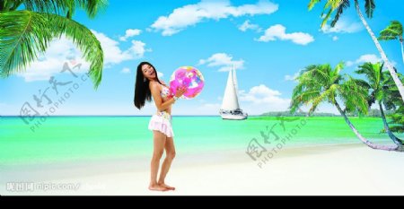 女孩海滩椰树图片