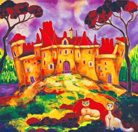油画城堡前的猫咪图片