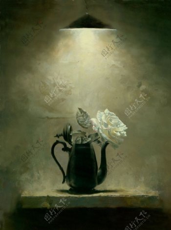 茶壶白玫瑰油画图片