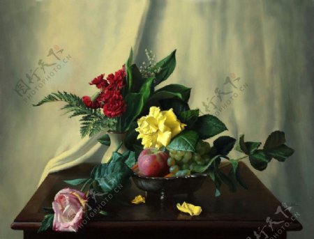 玫瑰桌子水果油画图片