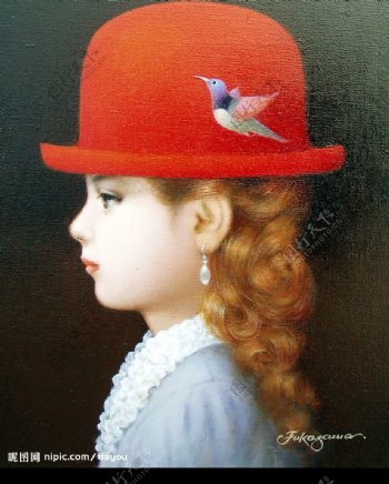 戴红帽的女孩油画图片