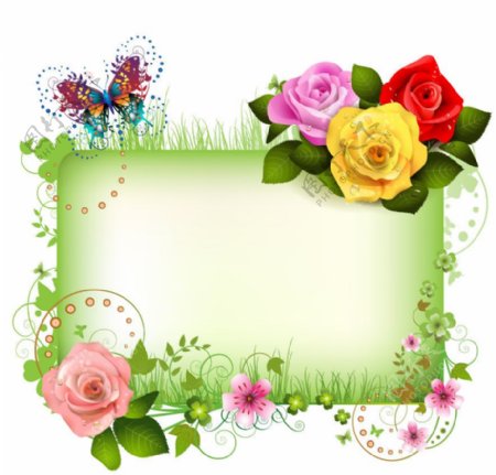 蝴蝶绿草地玫瑰边框图片