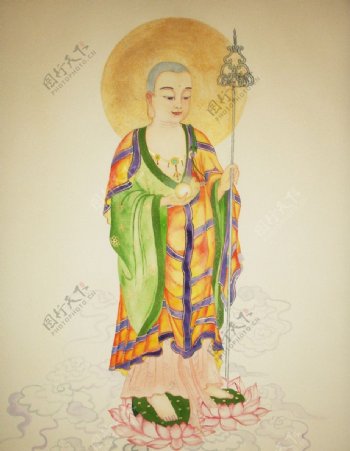 唐淡彩绿衣地藏菩萨圣像图片