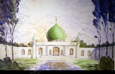 伊斯兰教堂建筑渲染图图片