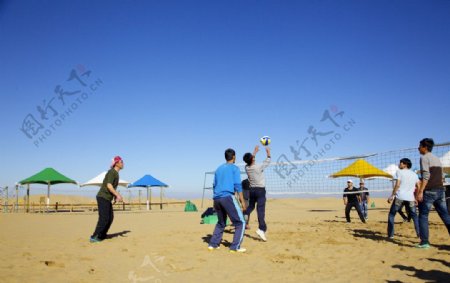 沙滩拍球的人们图片
