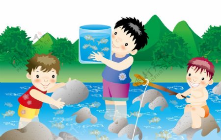 在小溪里抓鱼的男孩们图片