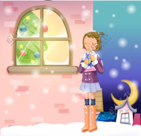 女孩抱着礼物站在窗外图片