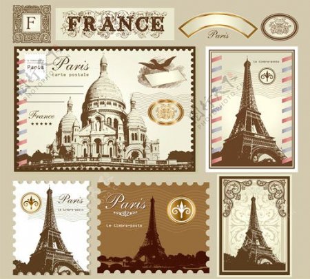 邮票巴黎象征物矢量素材图片