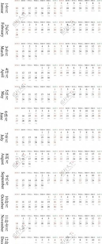 2010三行楷体横排日历可编辑图片