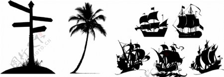路牌椰树帆船剪影素材图片