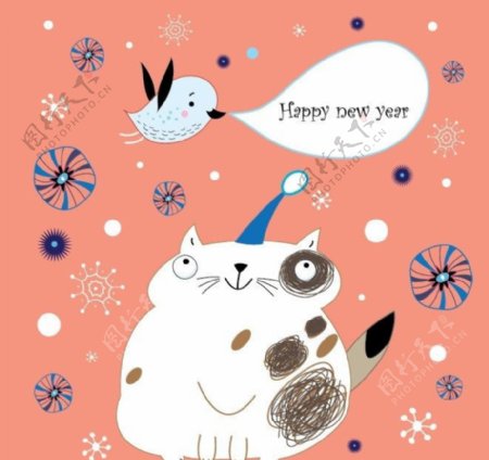 手绘卡通猫咪新年圣诞背景图片