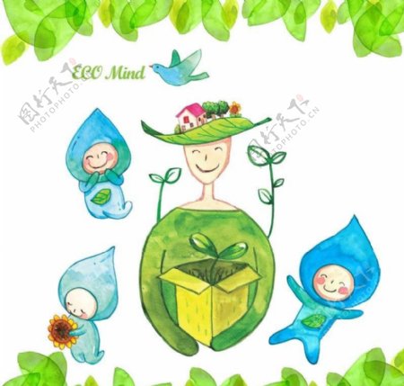 绿叶卡通娃娃环保素材图片
