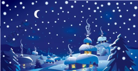 卡通圣诞夜圣诞背景弯月雪花图片
