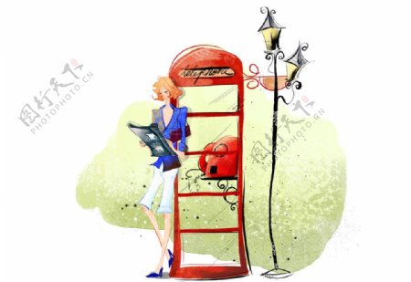 电话亭旁看书的时尚女性图片