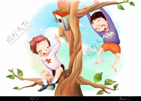儿童友谊爬树图片