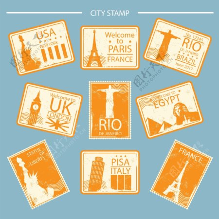 复古西橙色世界名城邮票