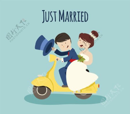 卡通骑电动车的婚礼新人矢量图