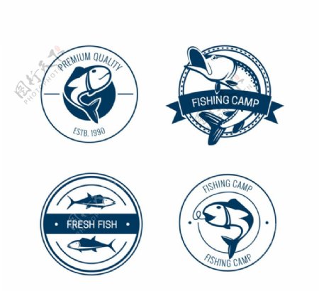 4款蓝色钓鱼营地标签矢量图