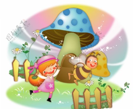 追逐蜜蜂的卡通女孩