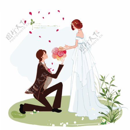 彩绘接受鲜花的新娘矢量素材
