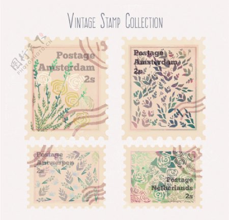 水彩复古花卉邮票