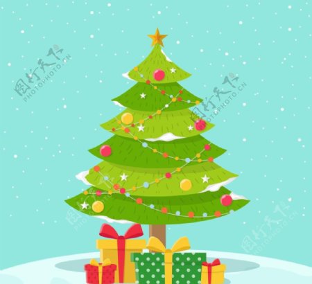 漂亮圣诞树与礼物雪花背景