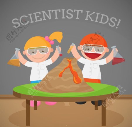 科学家与孩子火山