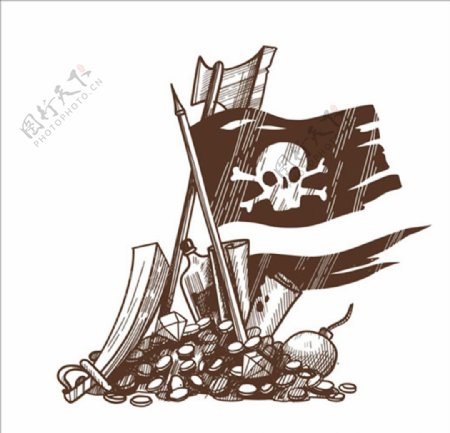手画海盗旗和宝藏背景