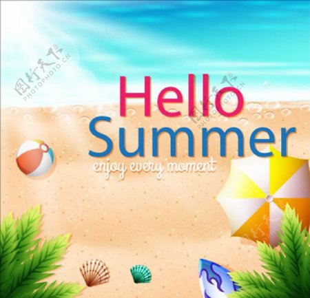 遮阳伞和球的夏日沙滩海报